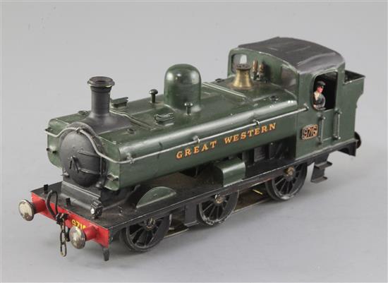 A scratch built O gauge tank Pannier GWR locomotive 0-6-0T, number 9716, green livery, 3 rail with skate, 22cm